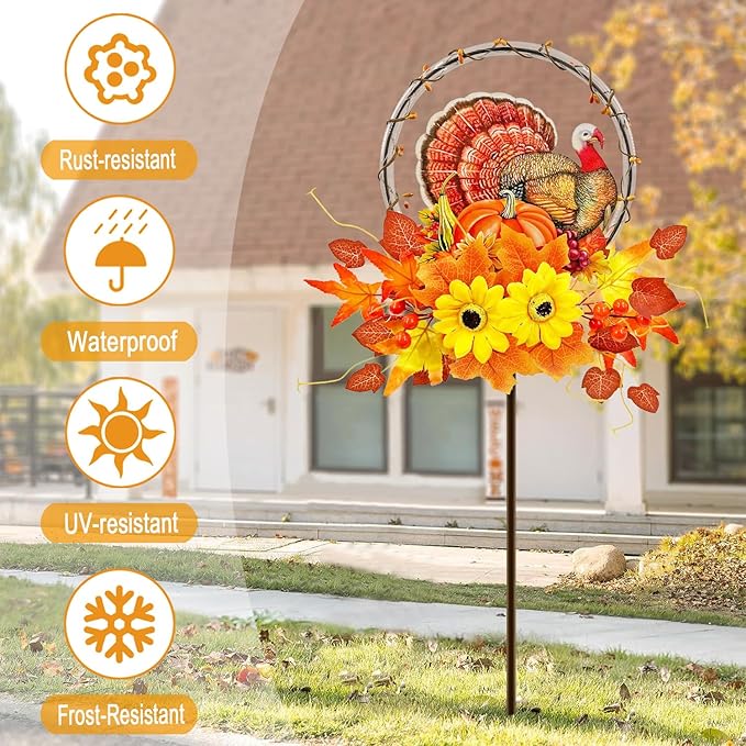 Solar Thanksgiving Turkey Outdoor Decor with Multi-Colorful Lights,Fall Yard Sign Garden Stake for Pathway,Patio or Farmhouse Porch