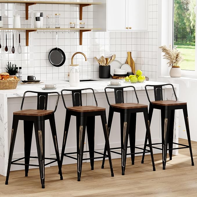 WENTMENT Bar Stools Set of 4 Counter Height Bar Stools Metal Barstools with Removable Back 26" Kitchen Bar Stools with Wooden Seat, Distressed Black