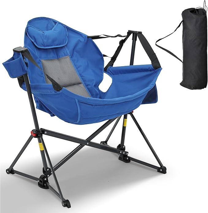 Ainfox Hammock Camping Chair, Foldable Portable Rocking Chairs for Adults Outside Swinging Camp with Cup Holder Pillow for Outdoor Patio Poolside (Blue)