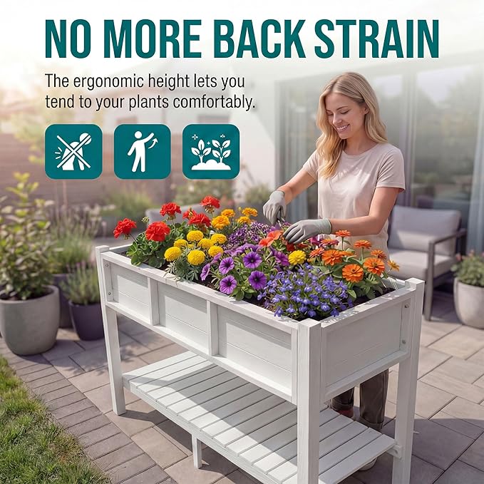 YITAHOME 48x18x30in Raised Garden Bed HDPE, Weather-Resistant Poly Lumber Planter Box with Legs & Storage Shelf, Elevated Garden Bed for Yard, Garden, Balcony - White