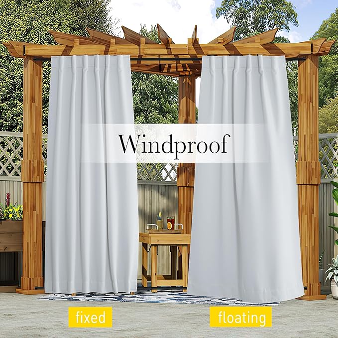 NICETOWN 2 Panels Outdoor Curtains Waterproof Pocket & Back Tab on Top & Bottom, Thermal Insulated Windproof Sun Blocking Outside Privacy Drapes for Patio with Fixed Rope, W84 x L95, Greyish White
