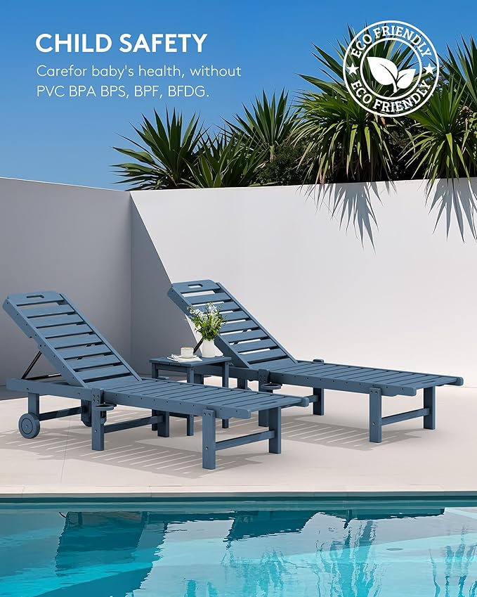 SERWALL Outdoor Chaise Lounge Set of 8, HDPE Pool Lounge Chairs with 5-Position Adjustable Backrest, Patio Loungers with Rolling Wheels & Cup Holder for Pool Sunbathing, Navy