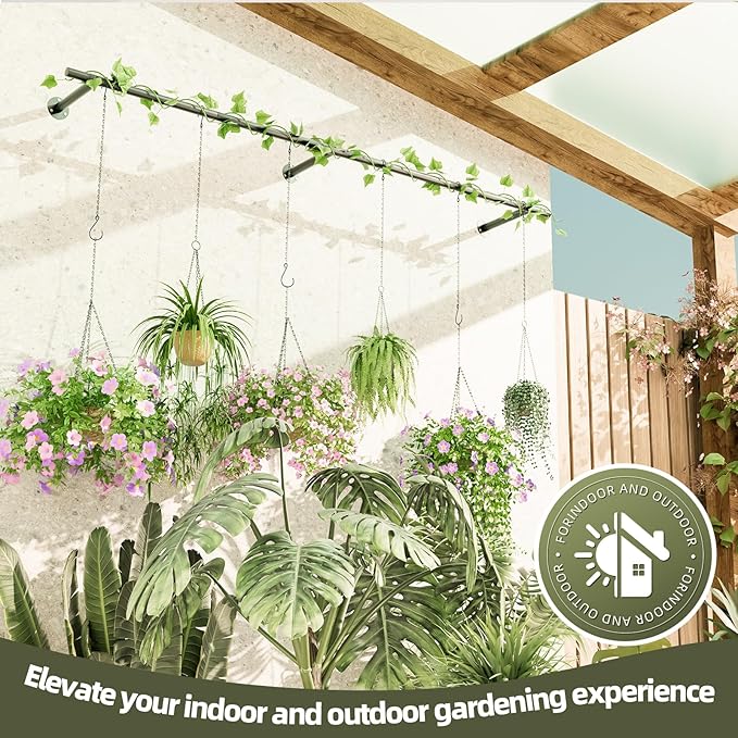 Plant Hanger Indoor 63 inch, Metal Planters Hanging Rod with 6 Hanging Chains & Hooks, Wall Plant Holder for Indoor Plants, Window, Ceiling, Black, Pots Not Included