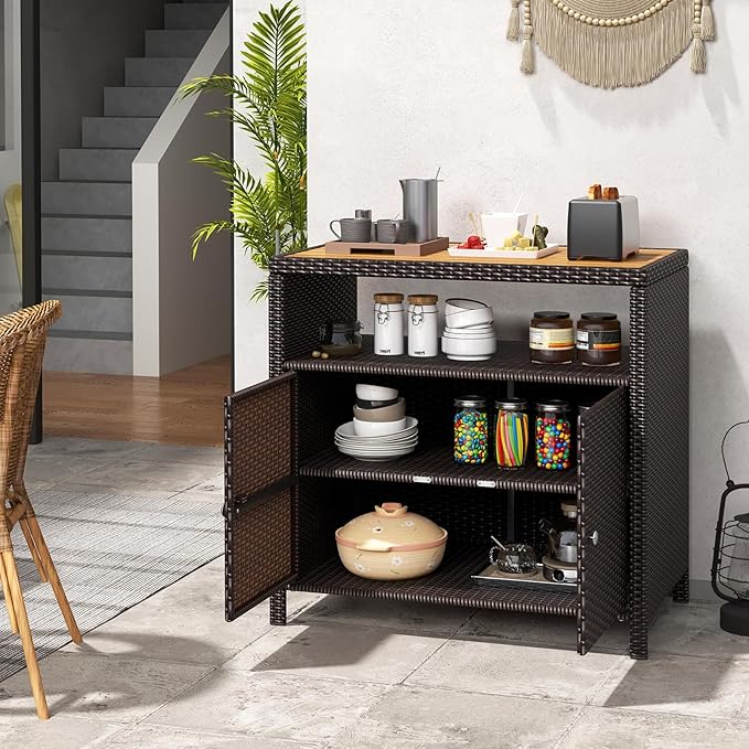 Tangkula Rattan Outdoor Storage Cabinet, Patiojoy Outdoor Cabinet with Acacia Wood Countertop, Open Compartment, 2-Door Wicker Sideboard, Outdoor Bar for Patio Garden Backyard Poolside (Mix Brown)