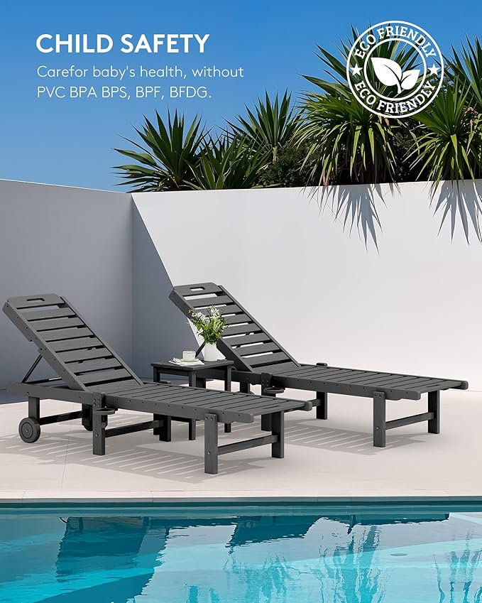 SERWALL Outdoor Chaise Lounge Set of 8, HDPE Pool Lounge Chairs with 5-Position Adjustable Backrest, Patio Loungers with Rolling Wheels & Cup Holder for Pool Sunbathing, Grey