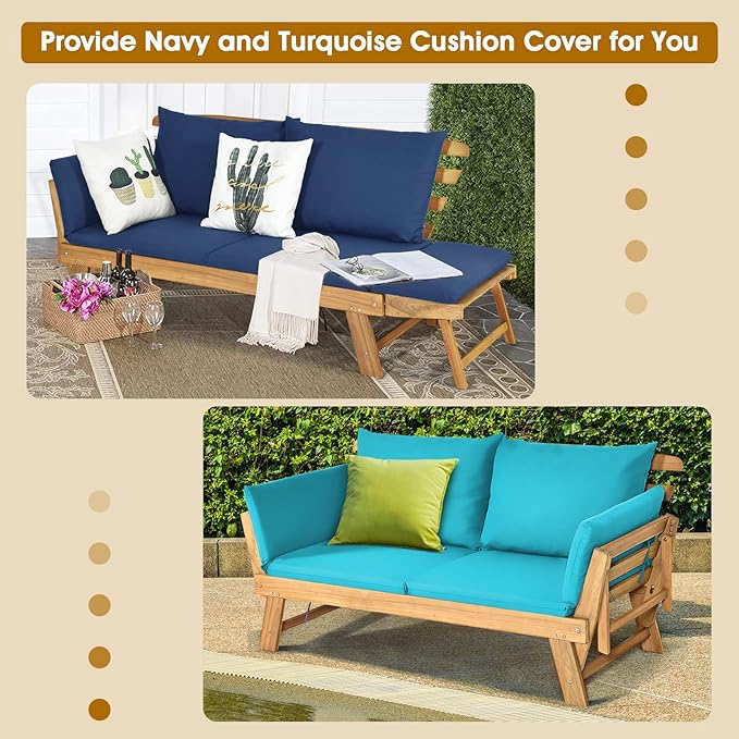 Tangkula Acacia Wood Patio Convertible Couch Sofa Bed with Adjustable Armrest, Outdoor Daybed with Cushion & Pillow, Turquoise & Navy Cushion Cover Sets, Folding Chaise Lounge Bench Ideal for Porch