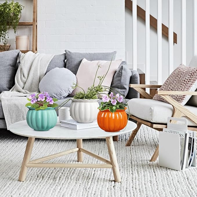 BUYMAX African Violet Pots, Halloween Pumpkin Plant Pots Ceramic Easy Self Watering Plant Pot for Busy Plant Lovers, Automatically Absorb Appropriate Amount of Water, Flower Pot Indoor