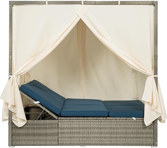 Patio Chaise Lounge,PE Rattan Outdoor Patio Wicker Adjustable Outdoor Sun Bed with Four-sided Canopy and Comfortable Blue Cushion – Versatile Use for Patio, Garden, and Poolside