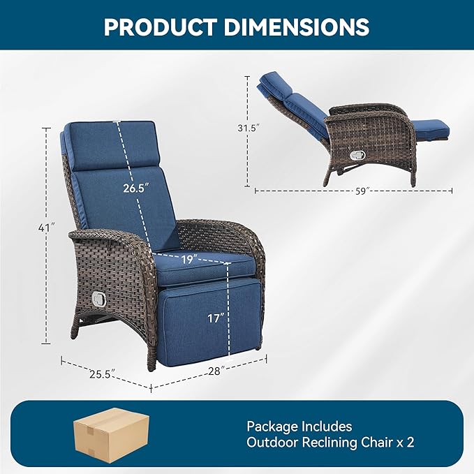 Zero Gravity Wicker Patio Recliner Chairs Set of 2 - Wicker Outdoor Lounge Chair with Adjustable Backrest & Footrest, All Weather Outdoor Reclining Chairs with Thick Cushion for Pool Deck Blue