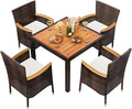 Shintenchi 5 PCS Patio Dining Set, Wicker Outdoor Table and Chairs with Soft Cushions, Patio Furniture Set with Wood Table Top for Backyard, Deck and Garden, Brown Rattan