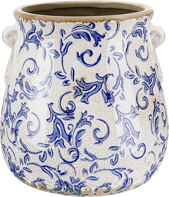Vintage Plant Pot Rustic Planter Container with Drainage Hole Ceramic Ice Crack Flower Pot Decorative Planter for Indoor and Outdoor Tuscan Decor Vase Gardening Gift (Blue)
