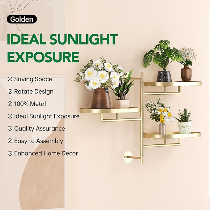Rotating Window Wall Plant Shelves Stand Holder, 3 Tiered Metal Gold Floating Plant Shelf Hanger Indoor , Window Sill Gifts
