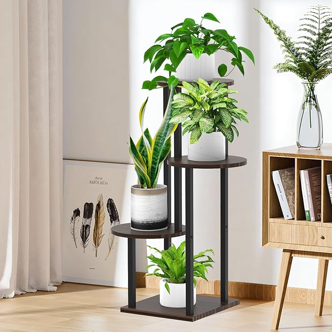 Plant Stand Indoor, 4 Tier Thickened Metal Corner Plant Shelf for Multiple Plants, Indoor Plants Tiered Flower Pot Stand for Patio Garden Balcony Living Room Bedroom(Black Oak)
