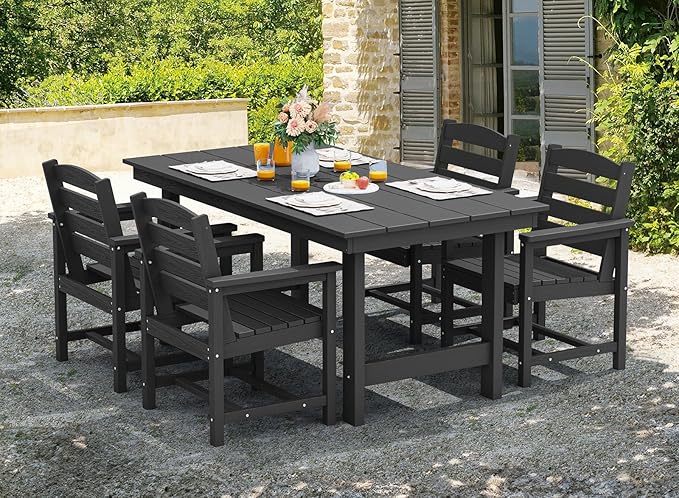 SERWALL Patio Dining Table Sets 5-Piece, Outdoor HDPE Dining Furniture Set with Umbrella Hole Cut-Out Table and 4 Chairs, All Weather Dining Set for Lawn, Garden, Backyard, Poolside, Black