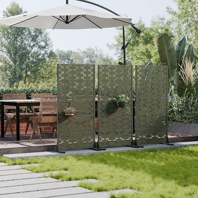 Casaphoria Metal Privacy Screen Outdoor, 60" x 30" W Freestanding Decorative Privacy Screen for Patio Deck Balcony Garden with Stable Base, Green-Brick