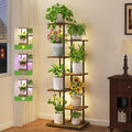 iDavosic.ly 6 Tier Tall Plant Stand Indoor with Light, Tiered Corner Metal Wood Multiple Flower Holder Shelf, 50 Inch Display Grow Rack for Living Room Bedroom, Modern Black & Rustic Brown