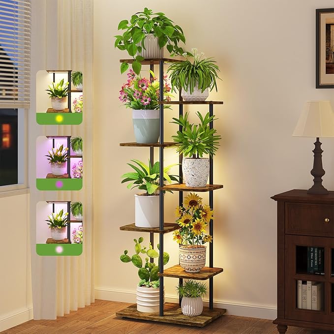 iDavosic.ly 6 Tier Tall Plant Stand Indoor with Light, Tiered Corner Metal Wood Multiple Flower Holder Shelf, 50 Inch Display Grow Rack for Living Room Bedroom, Modern Black & Rustic Brown