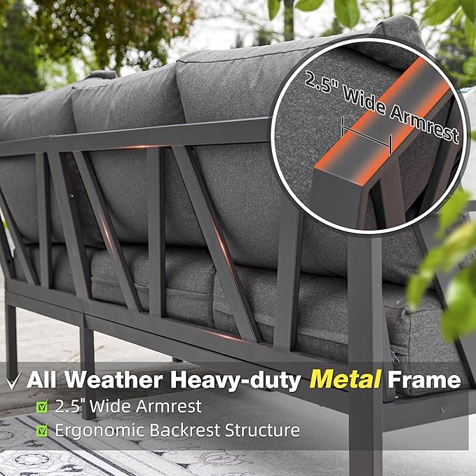 Patio Furniture Set, 6 Pieces Outdoor Couch Sectional, L Shaped Patio Sofa, Metal Patio Couch Sectional with Side Table, Outdoor Seating Conversation Set, Grey