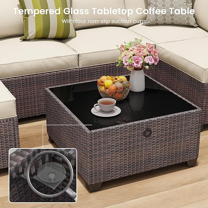 Outdoor Patio Furniture Set with 43'' Fire Pit Table, 8 Pcs Outdoor Patio Furniture Conversation Sets with 4in Thicken Cushion, Wicker Outdoor Sectional for Backyard, Garden, Balcony,Deck, Brown/Beige