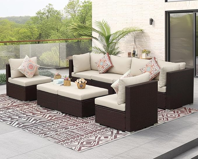 NICESOUL 8 Seat 29.3'' High Back Outdoor Furniture Set, Extra Large Rattan Patio Conversation Sets, Deep Seating Modular Sectional with Ottoman, Oversized Conversations for Backyard, Brown and Beige