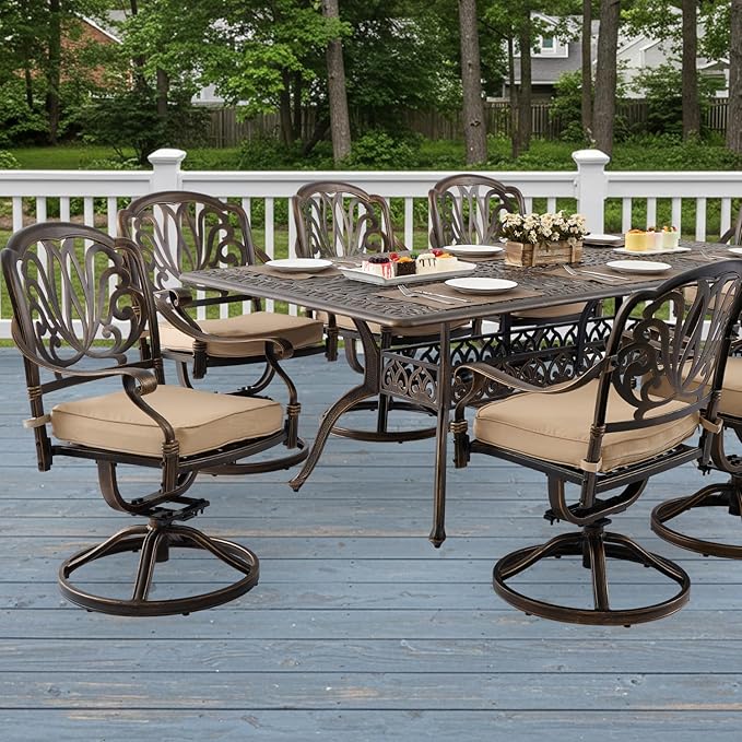 9-Piece Cast Aluminum Patio Furniture, Outdoor Dining Sets for 8 Include 87" Rectangular Patio Dining Table and 8 Swivel Chairs with Cushions & Umbrella Hole(Bronze)