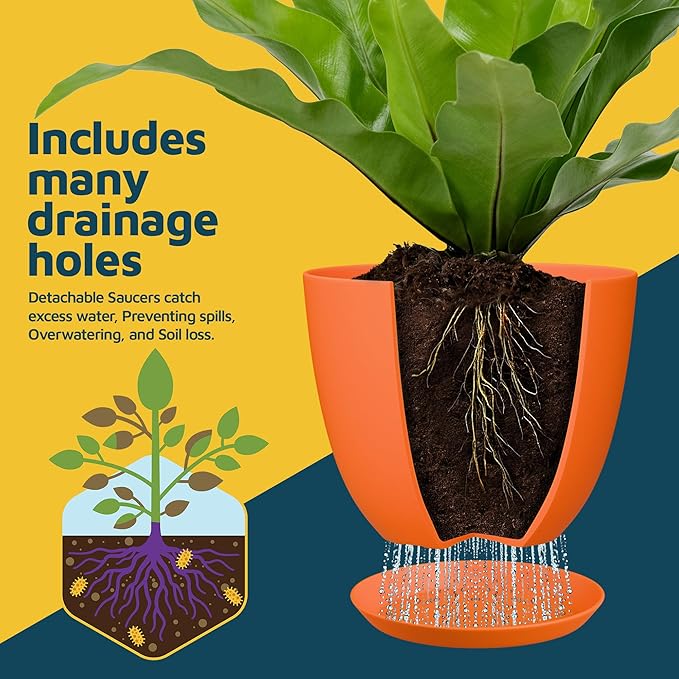 Yellow Plant Pots with Drainage Holes & Saucers 10 Pack, Indoor & Outdoor Stackable Space-Saving Planters for Houseplants & Flowers, (7", 6.7", 6", 5.3", and 4.8" Inches), Durable & Weatherproof