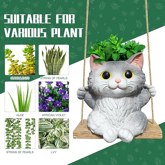 Cat Hanging Planters for Indoor Outdoor Plants, Small Cute Hanging Pots for Succulent, String of Pearls Plant, Resin Hanging Flower Pots with Drainage Hole, Unique Gift, Garden Home Decor