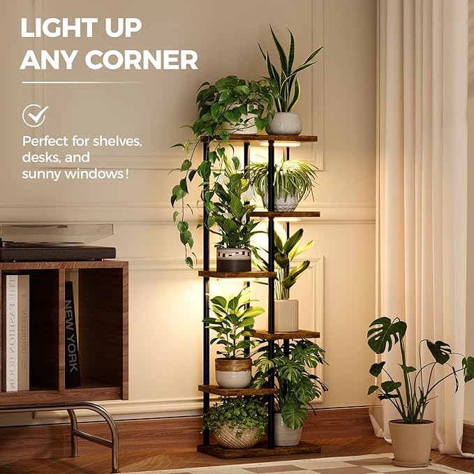 Bamworld Plant Shelf with Grow Light for Indoor Plants Corner 6 Tier Metal Plant Stand Wood Flower Stand for Home Living Room Decor Patio Decor