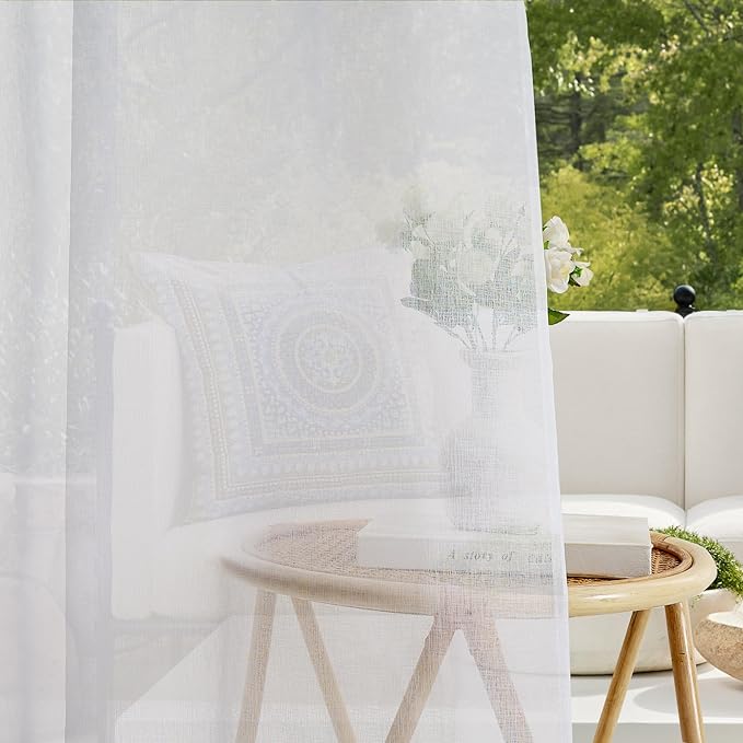 RYB HOME 2 Panels Pergola Curtains Outdoor - Linen Look Waterproof White Sheer Curtains Half Privacy Outdoor Curtains for Patio Porch Pool Hut Spa, 54 inches Wide x 96 inches Long