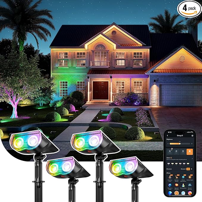Linkind Smart Solar Spot Lights Outdoor SL5C, Solar Lights Outdoor Spotlight Cool/Warm White/Color Changing, APP/Voice Control IP67 Landscape Lighting for Yard, Garden, Pathway(4 Pack)