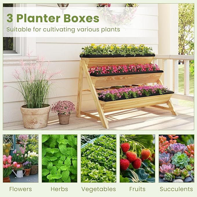 HAPPYGRILL 3-Tier Wooden Raised Garden Bed, Elevated Planter Box Kit with Legs & Liners for Flower Herb Vegetable, Indoor Outdoor Vertical Raised Bed for Gardening Patio Balcony Greenhouse
