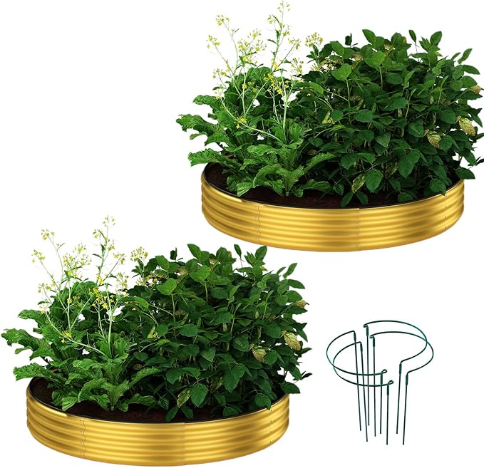 Galvanized Metal Planter Round Raised Garden Bed Kit for Gardening Outdoor Galvanized Planter Outdoor 2PC Gold 3X3X1FT