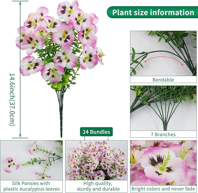 24 Bundles Artificial Pansy Flowers for Outdoor, Faux Silk Pansies Spring Flowers Outside for Planter Front Door Porch Patio Yard Window Box Home Decor (Pink)