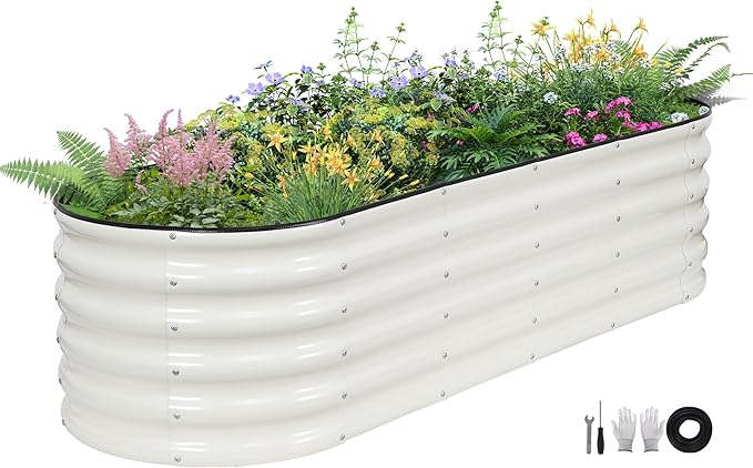 Galvanized Raised Garden Bed - 6×2×1.4ft Planter Raised Beds for Gardening | Oval Metal Garden Planter Box with Safety Edging and Gloves for Vegetables Fruits and Flower White