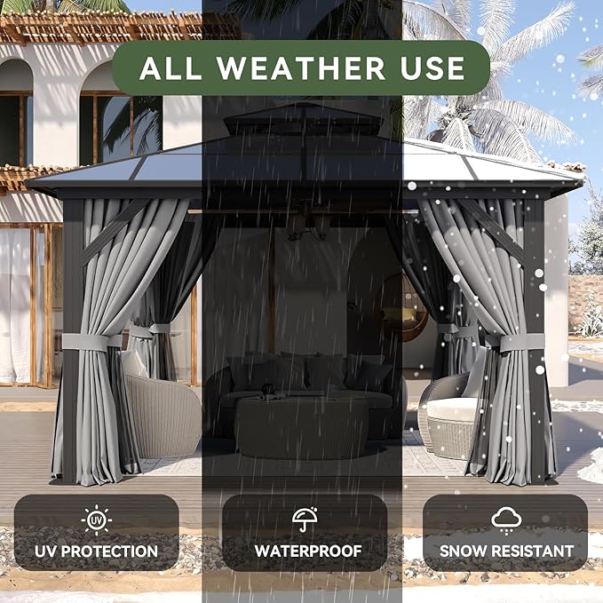 Aoxun 12'x12' Hardtop Gazebo, Aluminum Frame Permanent Pavilion with Curtains and Netting, Outdoor Polycarbonate Double Roof Canopy, Designed for Garden, Lawns, Patio, Gray