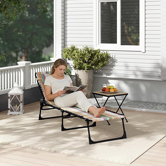 Outsunny Folding Chaise Lounge Chair, Patio Sun Tanning Chair, Outdoor Chaise Lounger with 4-Position Reclining Back, Breathable Mesh Seat for Beach, Poolside, Yard, Rainbow Striped