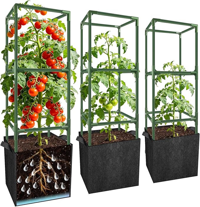 3 Set Square Tomato Cages with 18 Gallon Grow Bags, 49'' Tall Heavy Duty Steel Tomato Trellis Kit for Garden, Plant Support Tower Stakes Cucumber Pepper Trellis for Climbing Vegetable Flowers