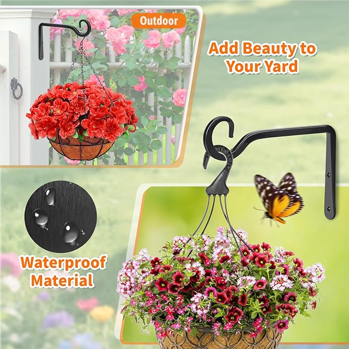 Plant Hangers Outdoor 4 Pack 10 Inch Metal Hanging Plant Bracket Metal Hanging Plant Hooks Indoor, Wall Hooks for Hanging Plants, Bird Feeder, Flower Basket, Wind Chimes Black (4PCS)