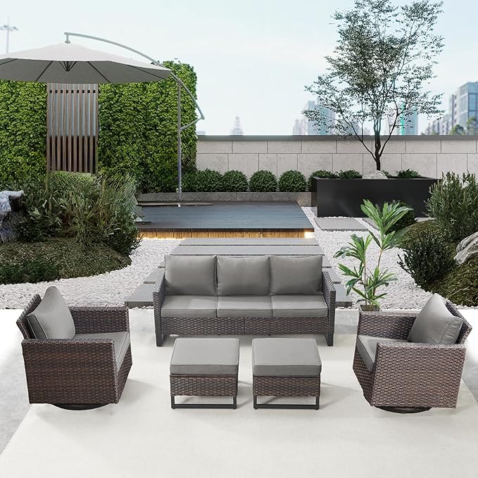 Belord Wicker Patio Furniture 5 Piece Outdoor Sofa Set, Oversize Outdoor Swivel Rocker Chairs with Rattan Ottomans, Conversation Sets Patio Furniture Come with Removable Cushion Grey, Anti-Rust Frame