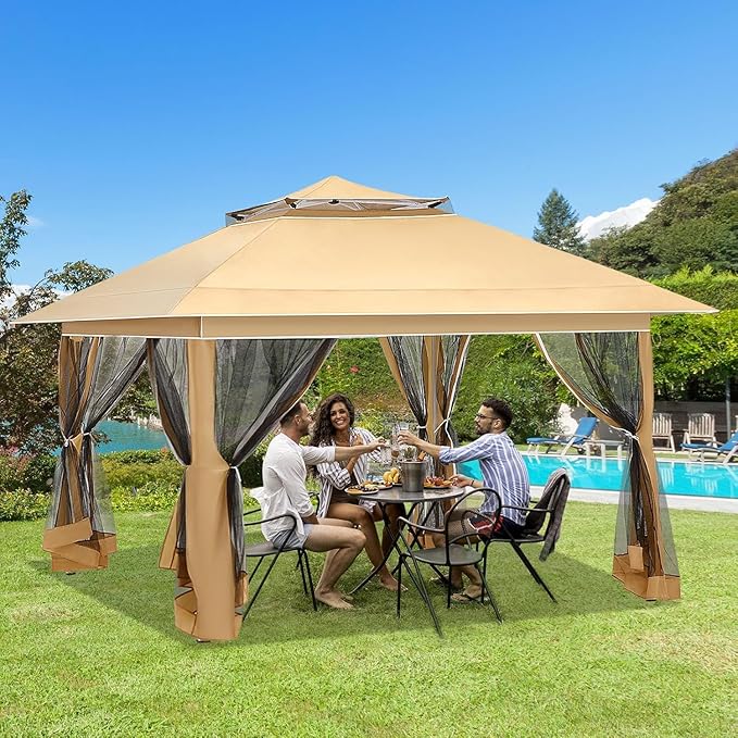 ECOTOUGE Canopy Tent with Sidewalls Instant Shelter Canopy with Carrying Roller Bag, Outdoor Party Gazebo with Waterproof and UV Resistant for Parties, Camping, Picnic (Khaki 12FT)