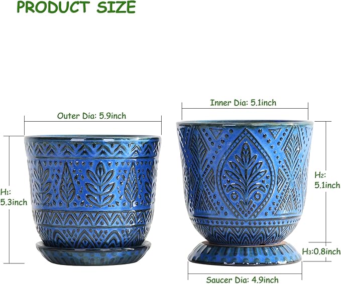 Gepege Beaded Ceramic 6 Inch Planter Set of 2 with Drainage Hole and Saucer for Plants, Indoor-Outdoor Large Round Succulent Orchid Flower Pot (Blue, Inner-pots not Larger Than 5 Inch)