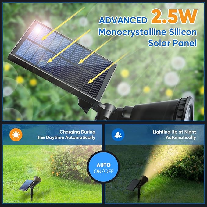 KEV 800 Lumens Solar Spot Lights Outdoor,18 LEDs Solar Flood Lights with 2 Modes &Adjustable &IPX65 Waterproof,Solar Spotlight for Driveway/Backyard/Patio Landscape/Tree/Garage(Warm White,2 Pack)