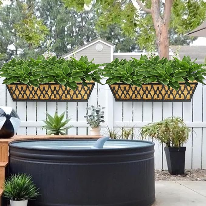 2 Pack 24 Inch Window Boxes Planters Railing Planter Box with Adjustable Brackets for Porch Fence Patio Balcony Hanging Flower Baskets with Coco Liners for Outdoor Garden Décor - Black