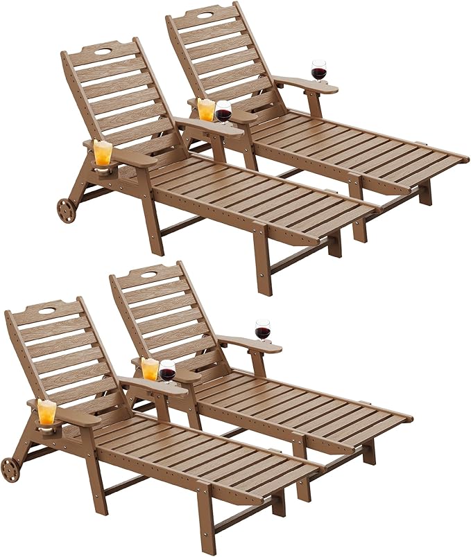 Carauci Lounge Chair Outdoor Set of 4, HDPE Chaise Lounge with Wheels, 5-Position Adjustable Backrest & 2 Cup Holders Patio Lounge Chair, All-Weather Pool Sun Lounger for Poolside, Backyard, Teak