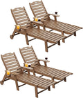 Carauci Lounge Chair Outdoor Set of 4, HDPE Chaise Lounge with Wheels, 5-Position Adjustable Backrest & 2 Cup Holders Patio Lounge Chair, All-Weather Pool Sun Lounger for Poolside, Backyard, Teak