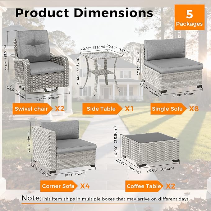 14-Seat Modern Patio Furniture Set with Swivel Rocking Chairs, Thick 4″ Cushions, Dual-Strand Wicker Rattan, Rust-Resistant Steel Frame – Outdoor Conversation & Modular Sectional,Gray
