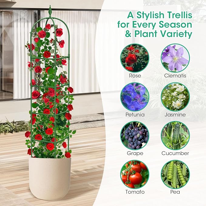 2 Pack Garden Obelisk Trellis for Climbing Plants, 71" Metal Rustproof Plant Support Rose Trellis, Tower Potted Cages for Flowers Fruits Vegetable Vines Indoor & Outdoor, Green(4 Tiers)