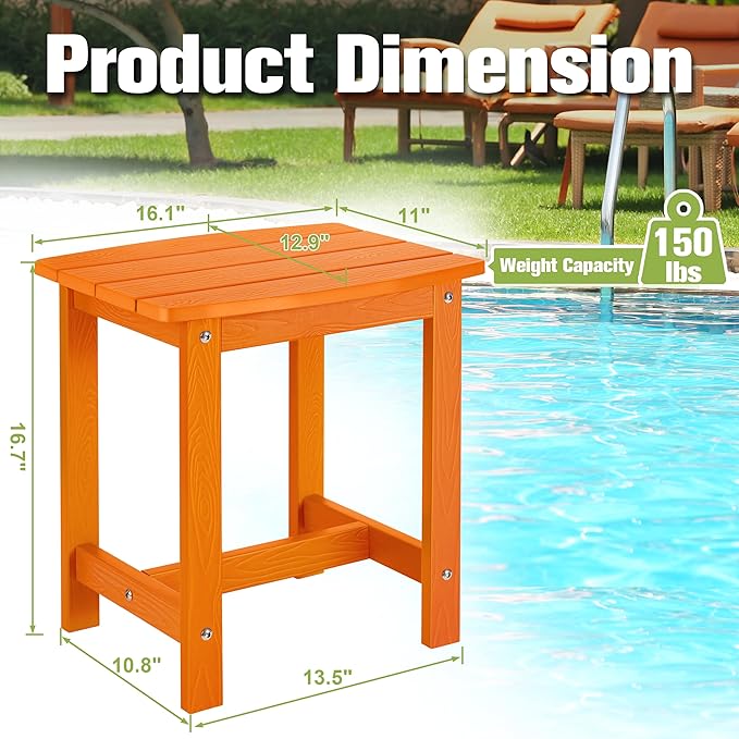 Y&M Outdoor Side Table, HIPS Adirondack Small Single Table, Waterproof Square Outside Table, Balcony Modern End Tables for Patio, Pool, Beach, Porch, Deck, Indoor or Outdoor Use, Orange