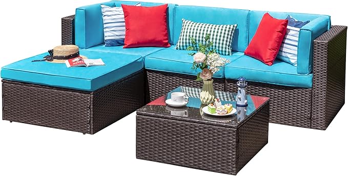 Vongrasig 5 Piece Furniture Sets, All-Weather Brown PE Wicker Outdoor Couch Sectional Small Patio Conversation Garden Sofa Set w/Ottoman, Glass Table, Blue