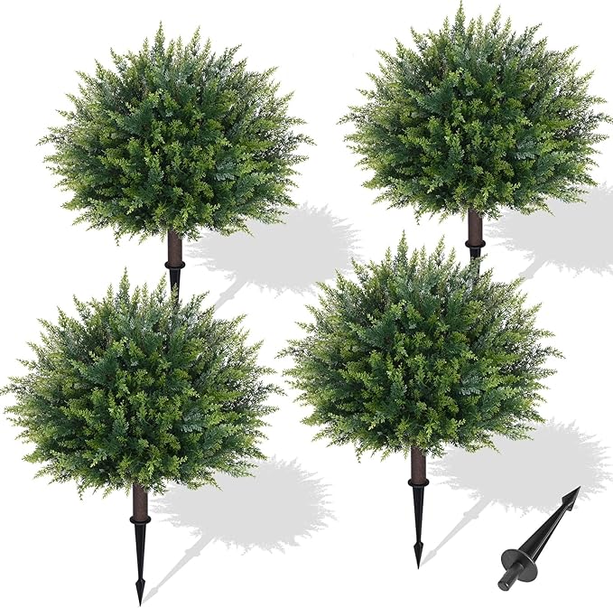 Waipfaru Artificial Plants Outdoor, 23'' Artificial Cedar Topiary with Ground Spike, UV-Resistant Fake Plants Fake Bushes for Outdoor Indoor Garden Front Porch Decor (4Pcs)